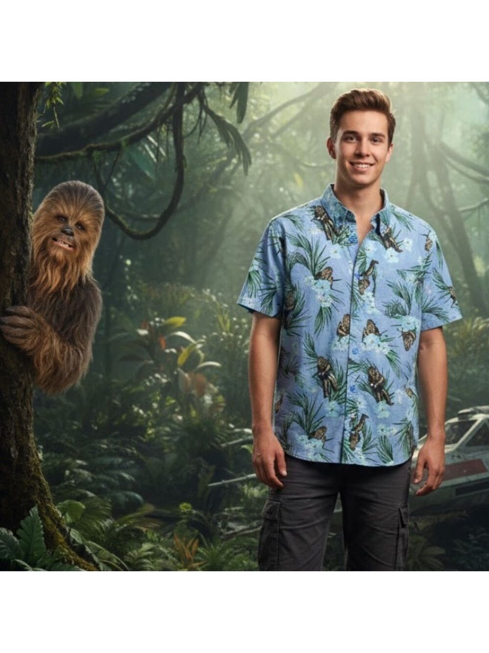 Star Wars Chewbacca Blue Hawaiian Shirt - Size Medium